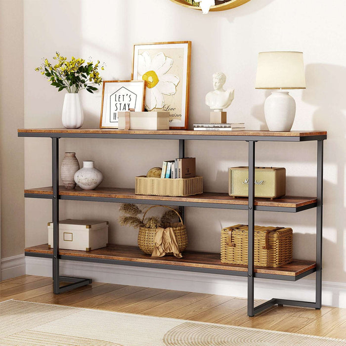 Flycity 55" Industrial Console Sofa Table with 3 Tier Storage Shelves