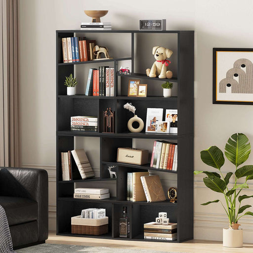 Flycity Black Mid-Century Modern Bookcase - Irregular Design Wide Bookshelf with Anti-Tip