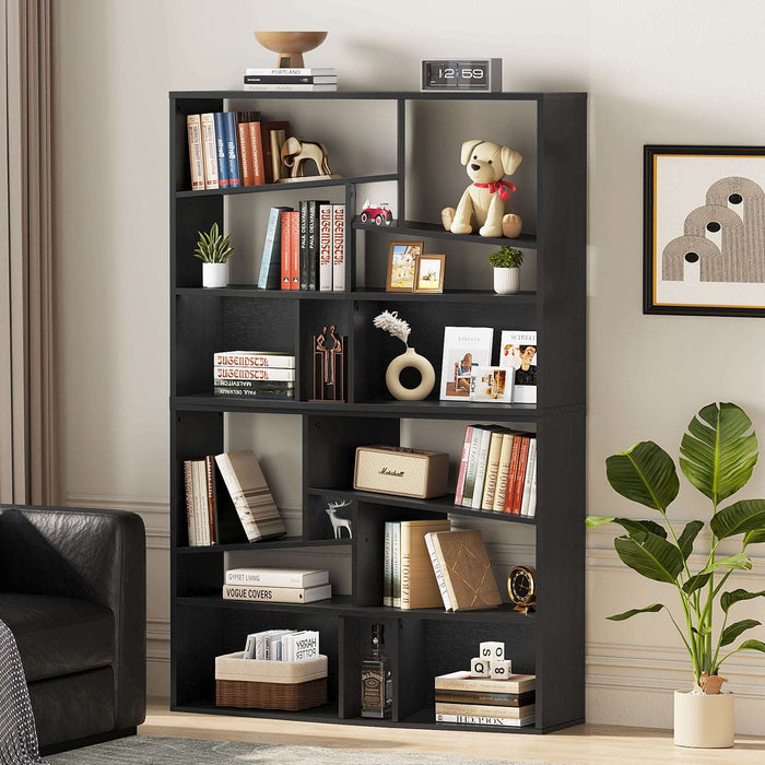 Flycity Black Mid-Century Modern Bookcase - Irregular Design Wide Bookshelf with Anti-Tip