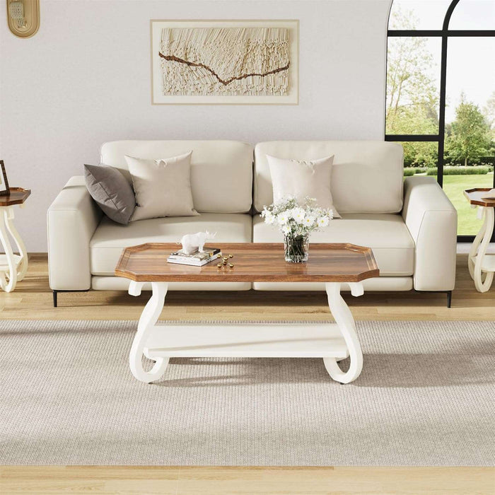 Flycity French Country Farmhouse Coffee Table, Living Room Wood Rectangle Vintage White Coffee Tables for