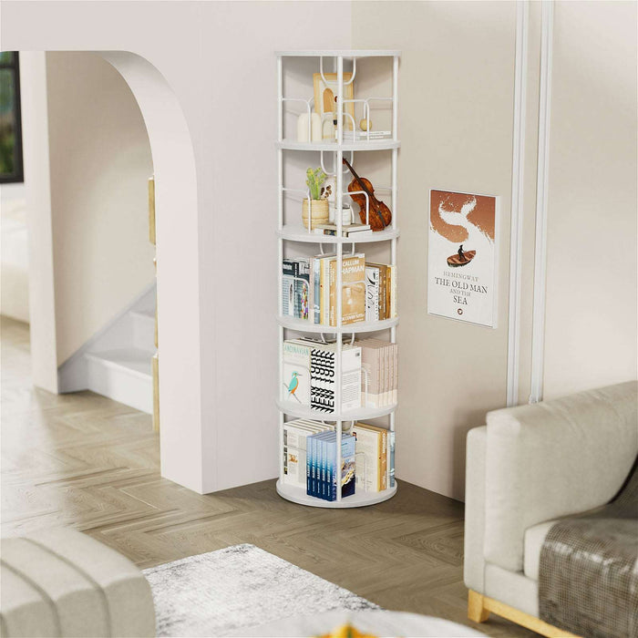 white corner swivel bookshelf