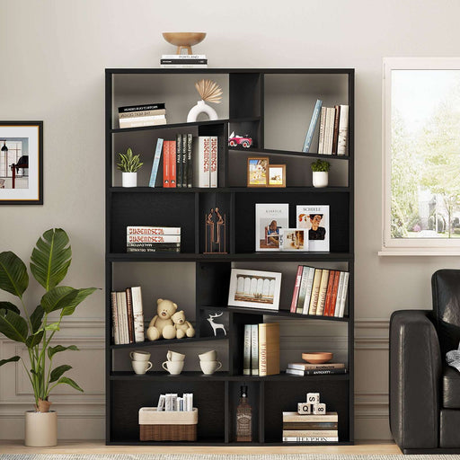 Flycity Black Mid-Century Modern Bookcase - Irregular Design Wide Bookshelf with Anti-Tip