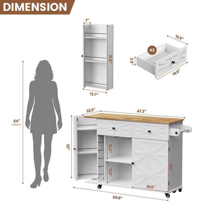 Flycity Rolling Kitchen Island with Storage Rack, Farmhouse Island Table for Kitchen