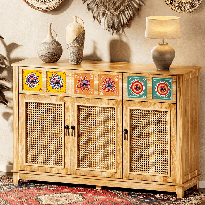 Wood Credenza​ with Rattan Doors