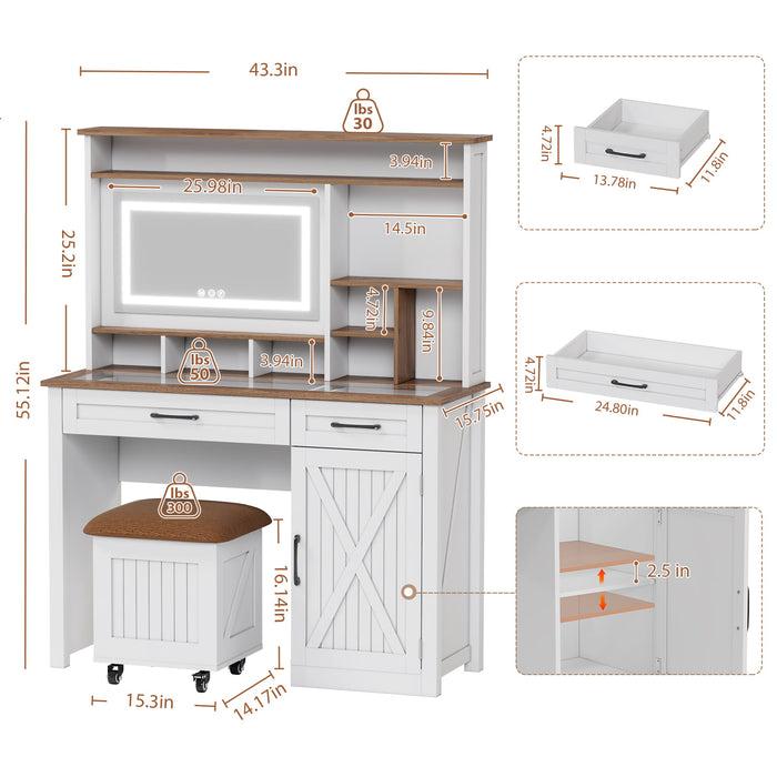 Flycity Farmhouse White Makeup Vanity Desk with Chair, Mirror, and LED Lights