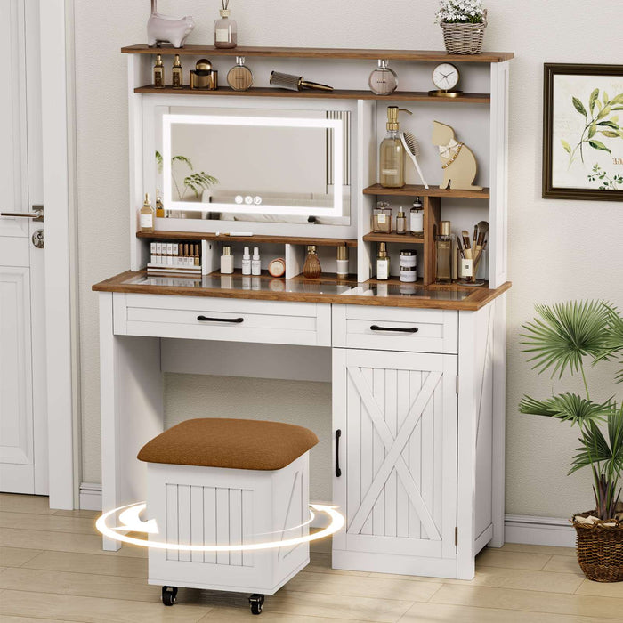 Flycity Farmhouse White Makeup Vanity Desk with Chair, Mirror, and LED Lights