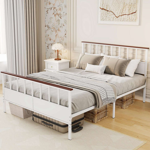 Flycity White Farmhouse Queen Metal Bed Frame with Headboard - Neston