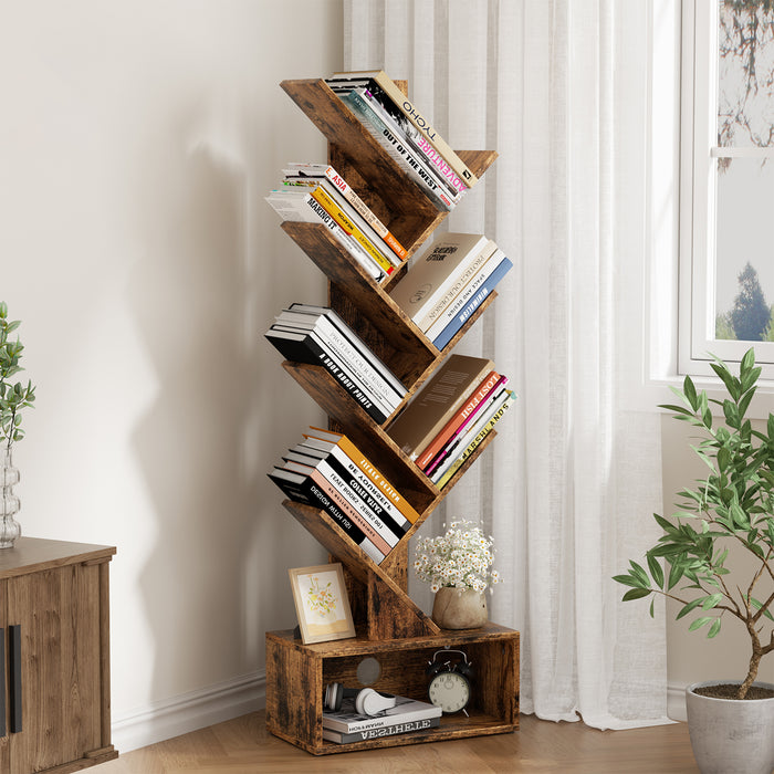 Flycity 9 Tier Tree Bookshelf With Modern Rustic Style Drawer