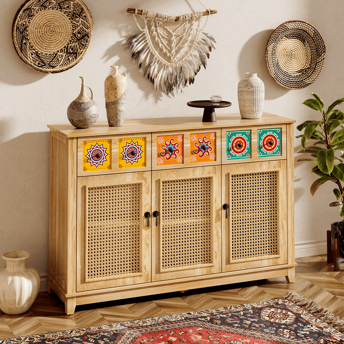 Wood Credenza​ with Rattan Doors