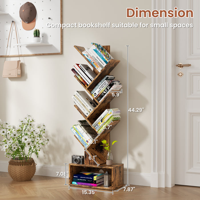 Flycity 9 Tier Tree Bookshelf With Modern Rustic Style Drawer