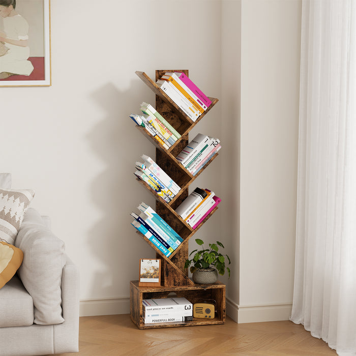 Flycity 9 Tier Tree Bookshelf With Modern Rustic Style Drawer