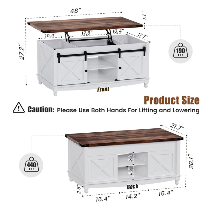 Flycity 48" Farmhouse Lift Top Coffee Table with Large Hidden Compartment