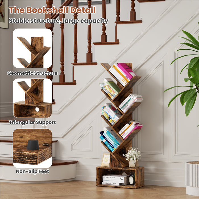 Flycity 9 Tier Tree Bookshelf With Modern Rustic Style Drawer