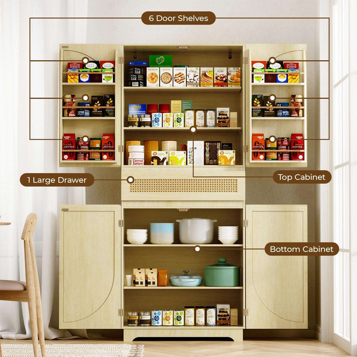 Flycity 72" Rattan Tall  Kitchen Pantry Storage Cabinet