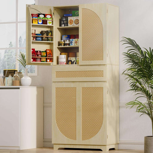 Flycity 72" Rattan Tall  Kitchen Pantry Storage Cabinet