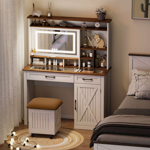 Flycity Farmhouse White Makeup Vanity Desk with Chair, Mirror, and LED Lights