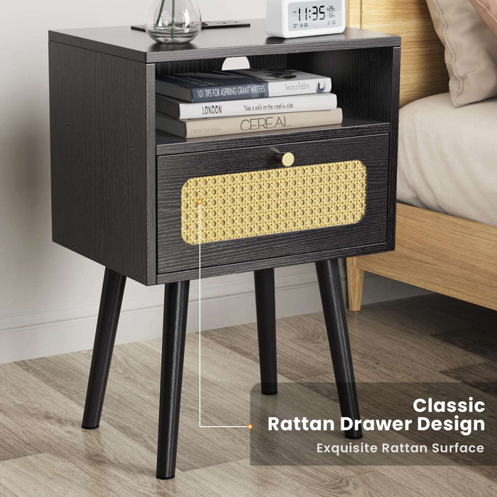 Flycity Rattan Black End Table Nightstand with Charging Station