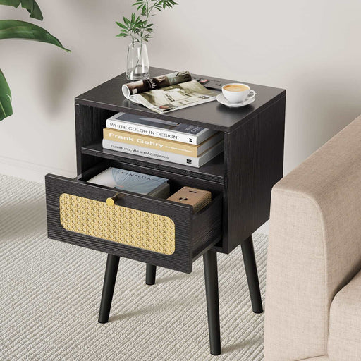 Flycity Rattan Black End Table Nightstand with Charging Station