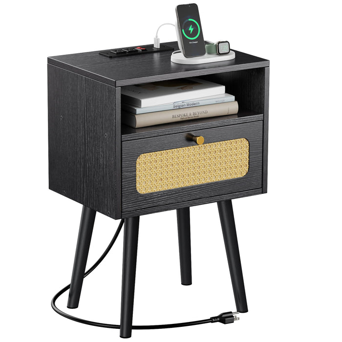 Flycity Rattan Black End Table Nightstand with Charging Station