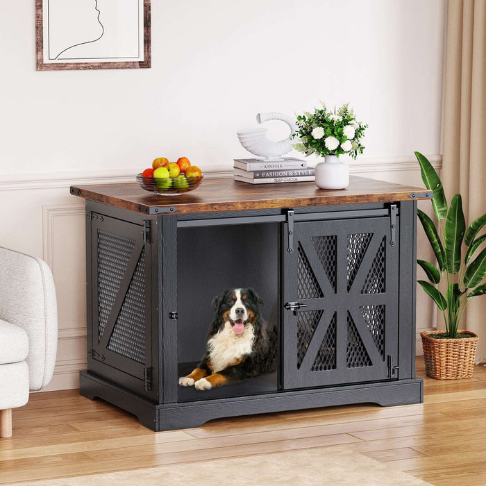 Flycity Farmhouse Black Heavy Duty Dog Crate Furniture with Sliding Door