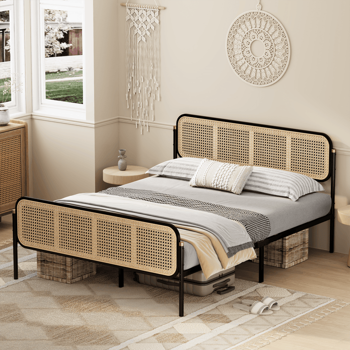 Boho Rattan Bed Frame Queen Size with Headboard