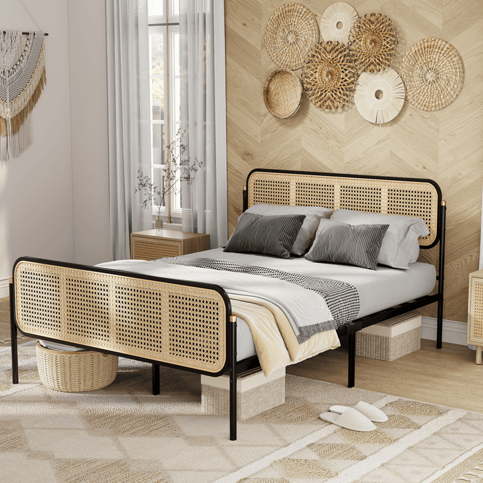 Boho Rattan Bed Frame Queen Size with Headboard