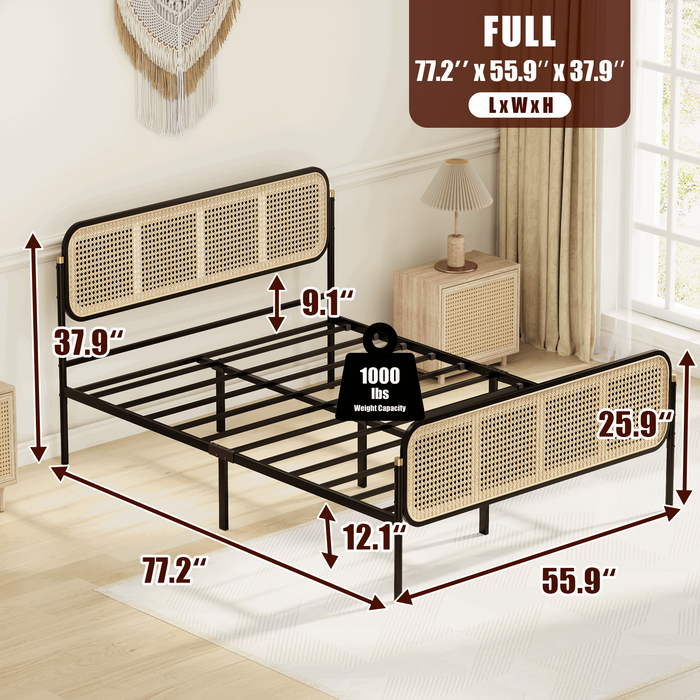 Boho Rattan Bed Frame Queen Size with Headboard