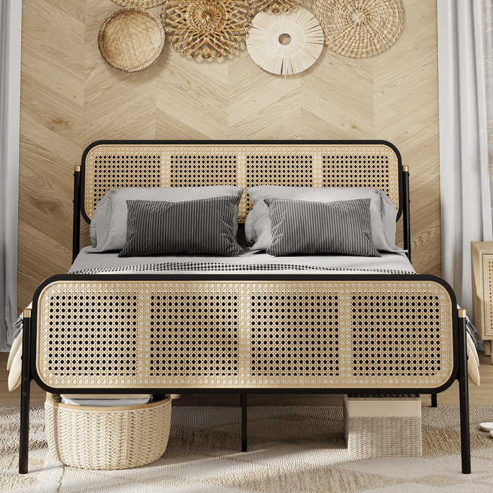 Boho Rattan Bed Frame Queen Size with Headboard