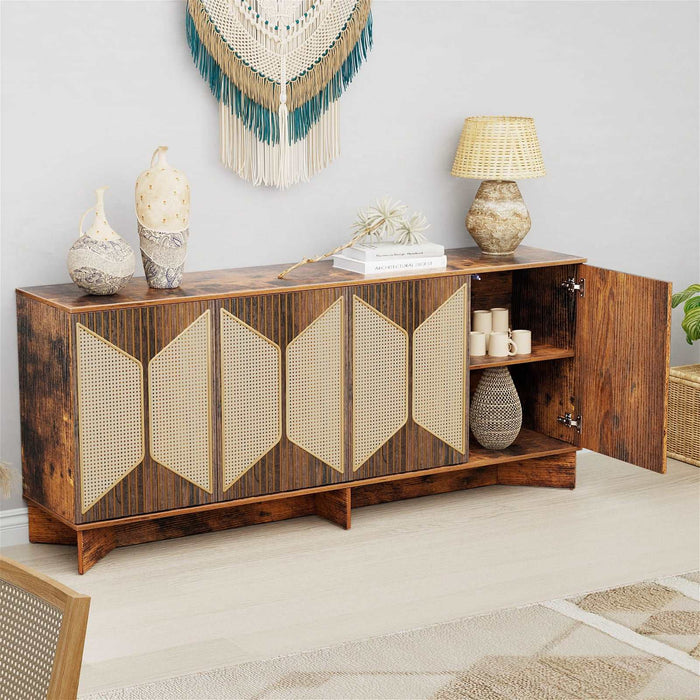 Flycity 70'' Large Boho Rattan Buffet Sideboard Cabinets, Rustic Brown