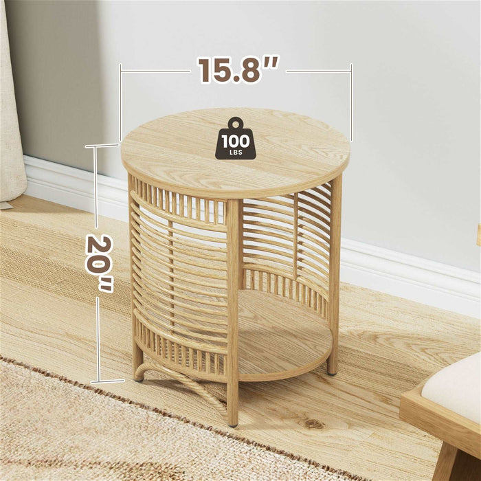 Flycity Round Side Table with 2 Storage Space Boho End Table