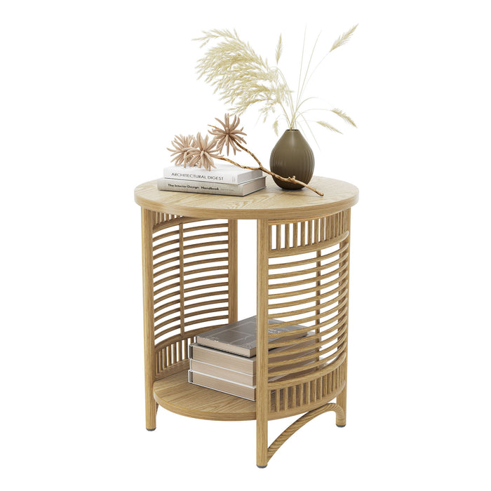 Flycity Boho Round Side Table with 2 Storage Space