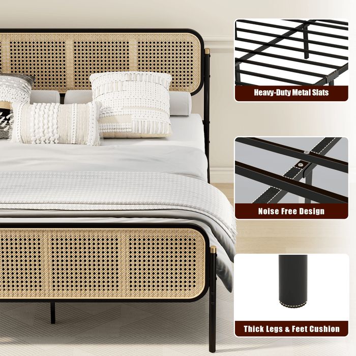 Boho Rattan Bed Frame Queen Size with Headboard