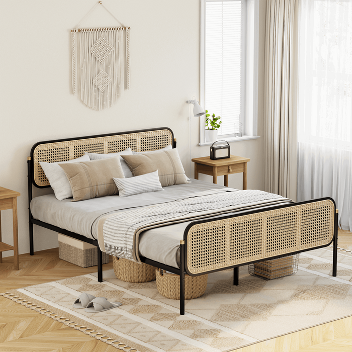 Boho Rattan Bed Frame Queen Size with Headboard