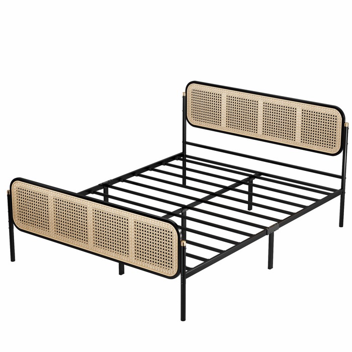 Boho Rattan Bed Frame Queen Size with Headboard