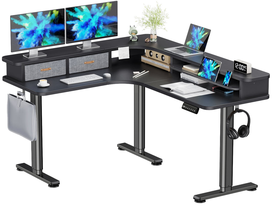 Electric L Shaped Sit-Stand Home Office Desk with Two Drawers