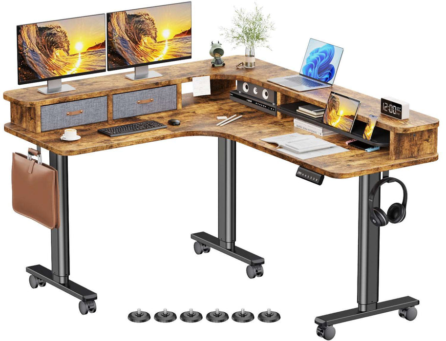 Electric L Shaped Sit-Stand Home Office Desk with Two Drawers