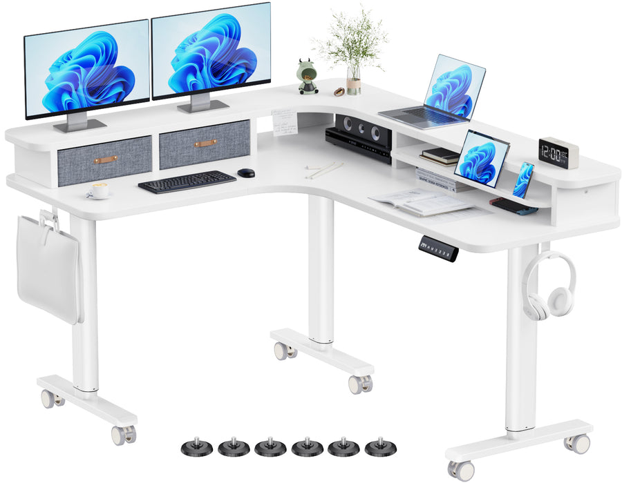 Electric L Shaped Sit-Stand Home Office Desk with Two Drawers