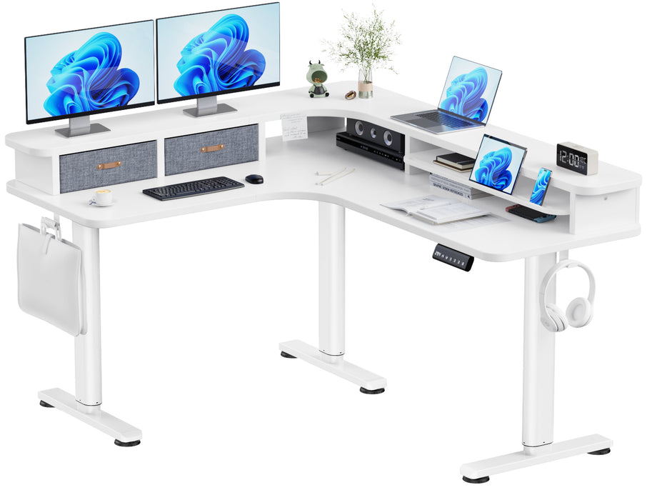 Electric L Shaped Sit-Stand Home Office Desk with Two Drawers