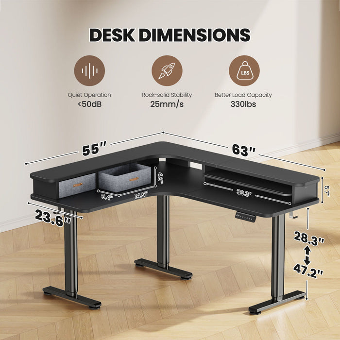 Electric L Shaped Sit-Stand Home Office Desk with Two Drawers