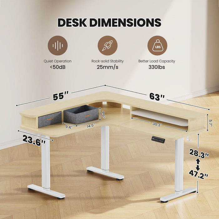 Electric L Shaped Sit-Stand Home Office Desk with Two Drawers