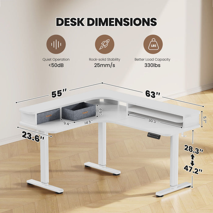 Electric L Shaped Sit-Stand Home Office Desk with Two Drawers