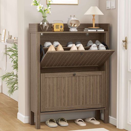 Farmhouse Shoe Storage Cabinet With Dual Flip-Down Drawers