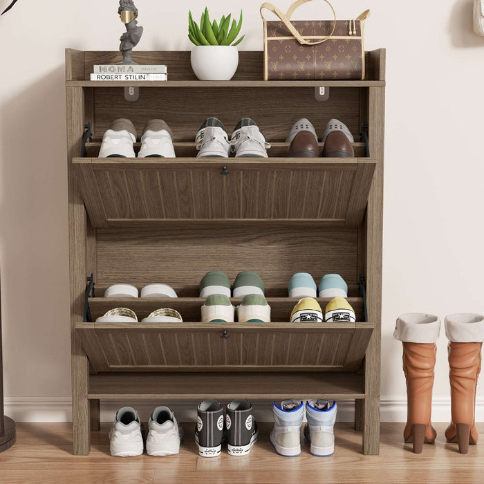 Farmhouse Shoe Storage Cabinet With Dual Flip-Down Drawers