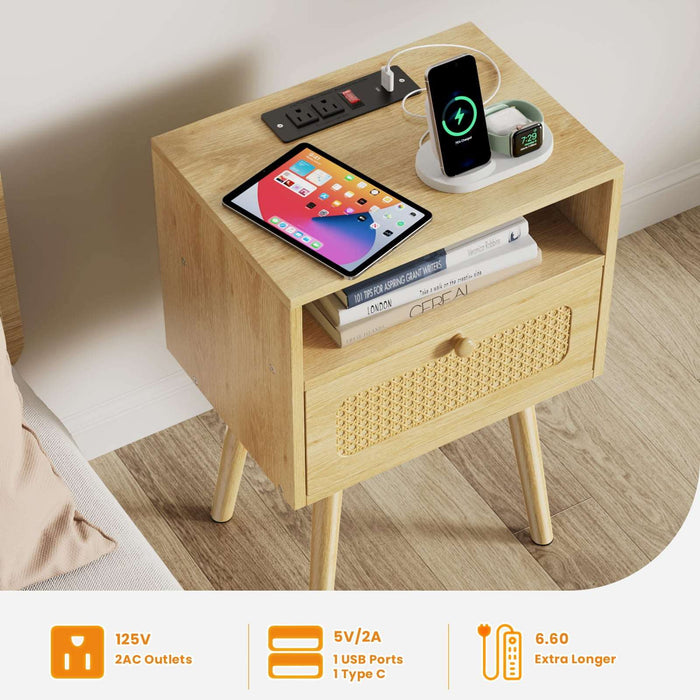 Flycity Boho Rattan Natural Nightstand with Charging Station