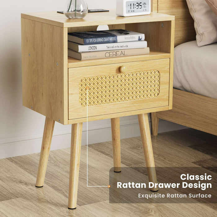 Flycity Boho Rattan Natural Nightstand with Charging Station