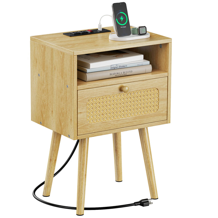 Flycity Boho Rattan Natural Nightstand with Charging Station