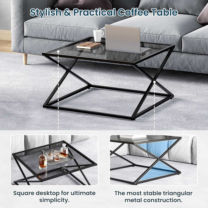 Flycity Modern Black Square Glass Coffee Table