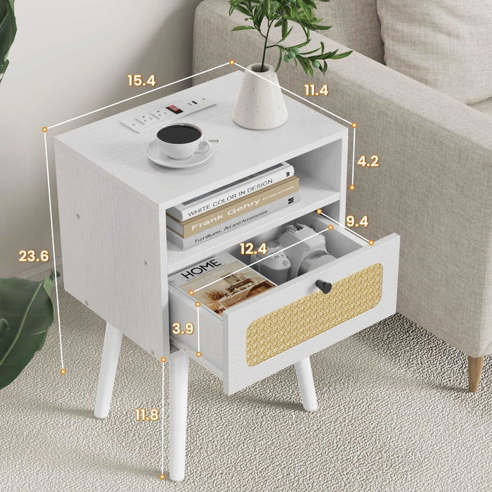 Flycity Rattan White End Table Nightstand with Charging Station