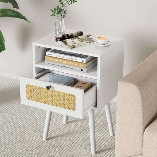 Flycity Rattan White End Table Nightstand with Charging Station