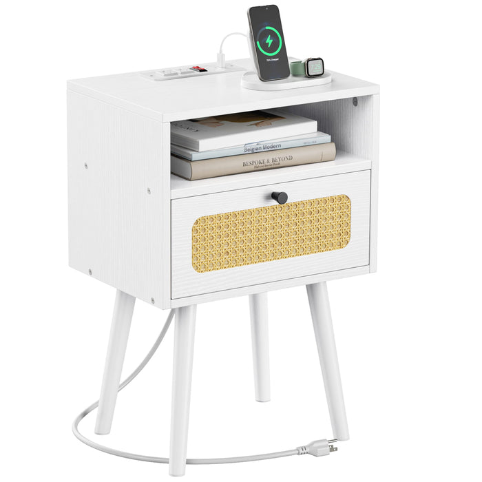 Flycity Rattan White End Table Nightstand with Charging Station